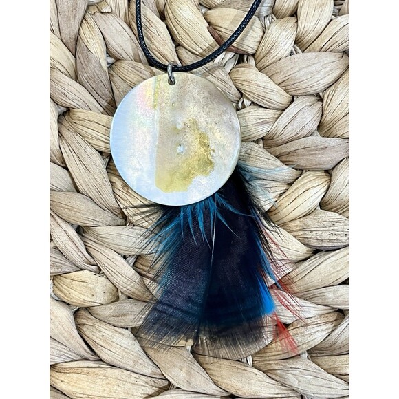 Artisan Crafted 1.5" Round Blue Mother of Pearl & Bird Feather Pendant Necklace - Picture 5 of 8